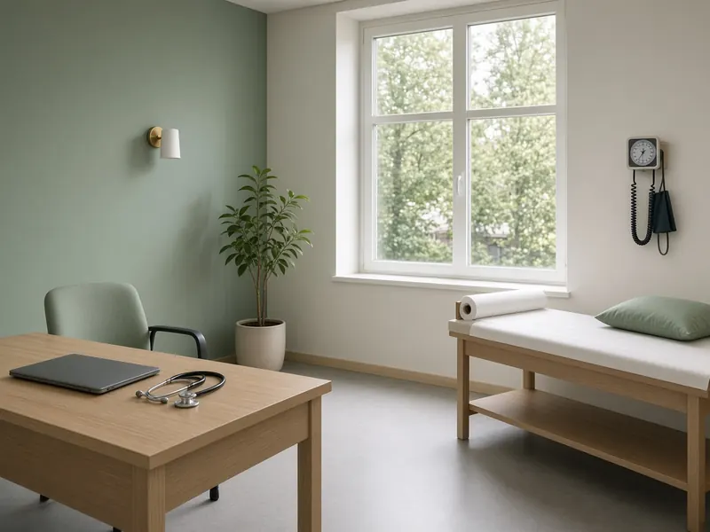 Spreekkamer met een bureau, een onderzoeksbank, een bloeddrukmeter en een stethoscoop, met lichtgroene muren