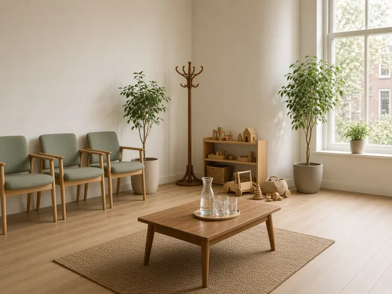 Wachtkamer met lichtgroene stoelen, een kan water en een hoek met speelgoed